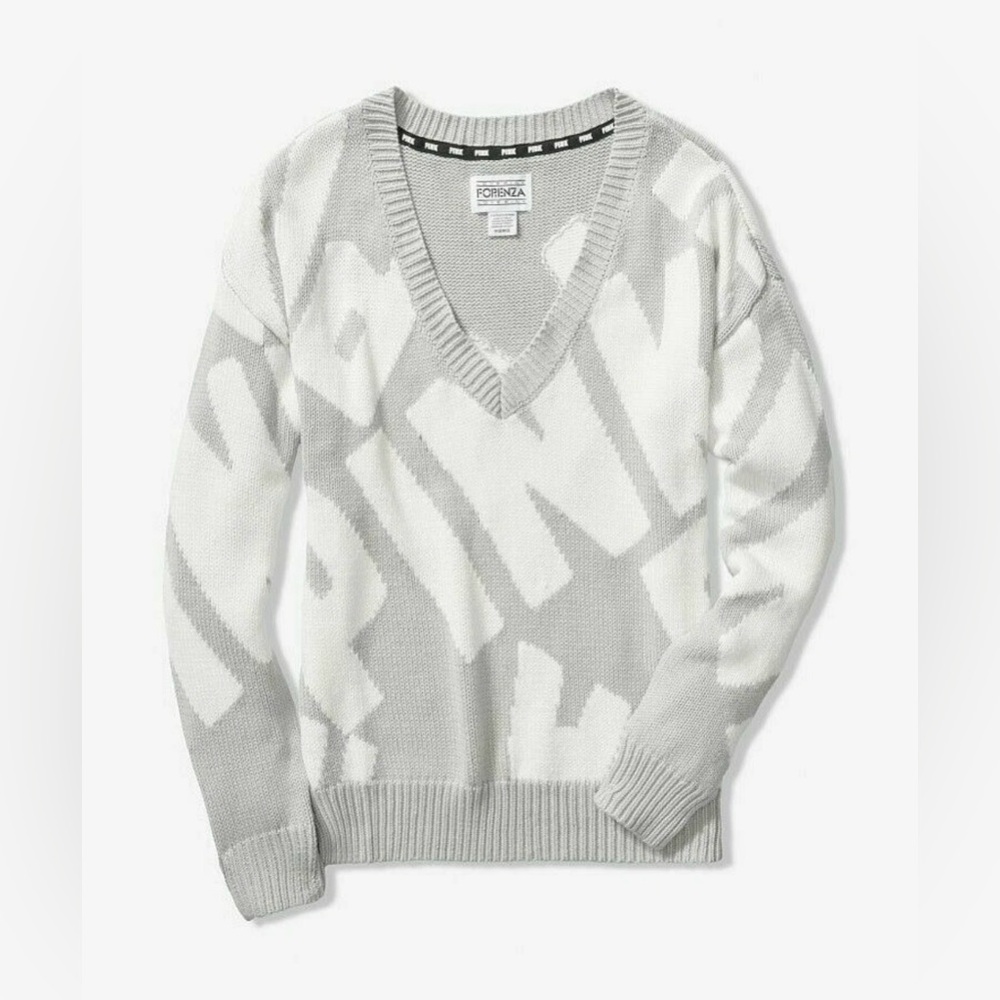 VS PINK FORENZA LIMITED EDITION HERITAGE KNIT SWEATER GRAY & WHITE REPEAT LOGO L